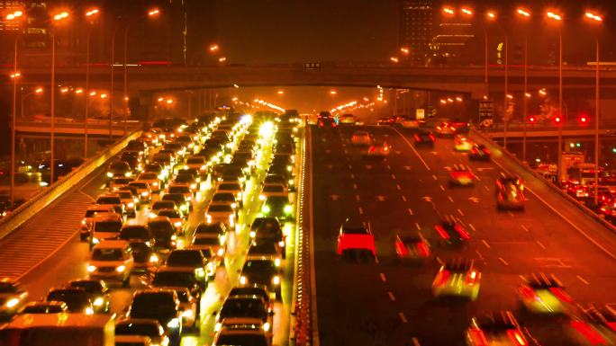 北京国贸CBD夜晚车灯车流交通拥堵