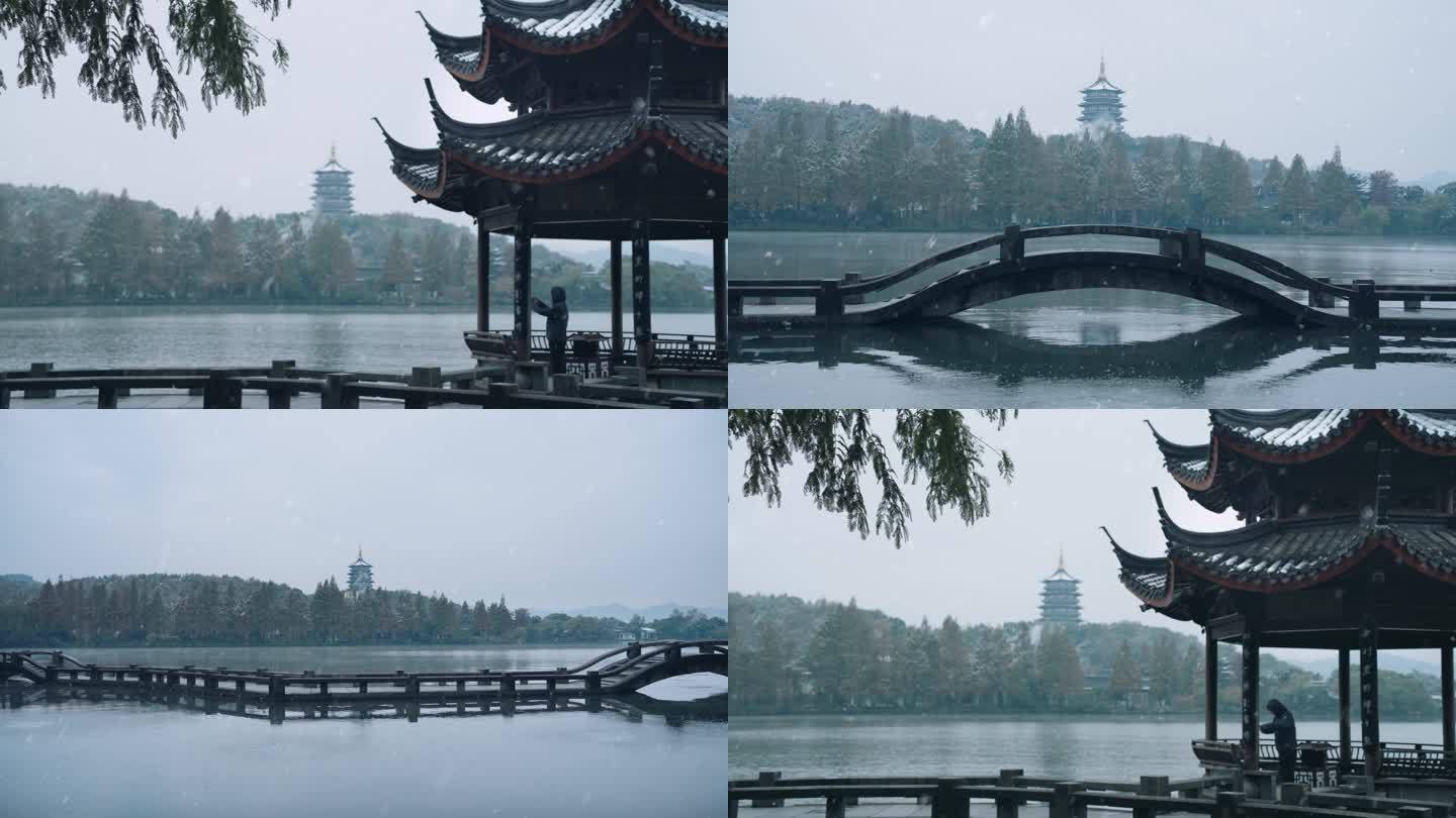 杭州西湖下雪雪景雷峰塔