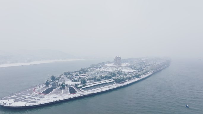 湖南长沙橘子洲头雪景航拍