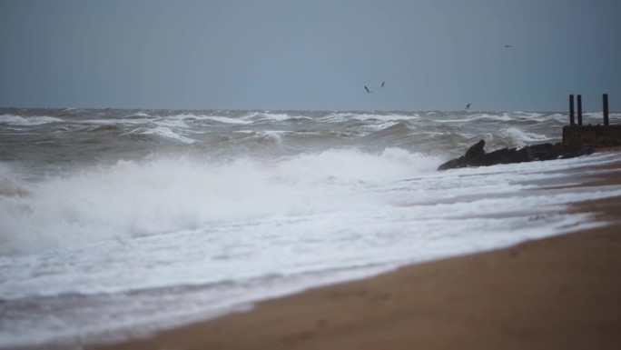 阴天下波涛汹涌的海浪冲击着沙滩。风暴潮冲击海滩侵蚀屏障。海鸥在狂风中盘旋在波涛汹涌的海岸线。海洋气候