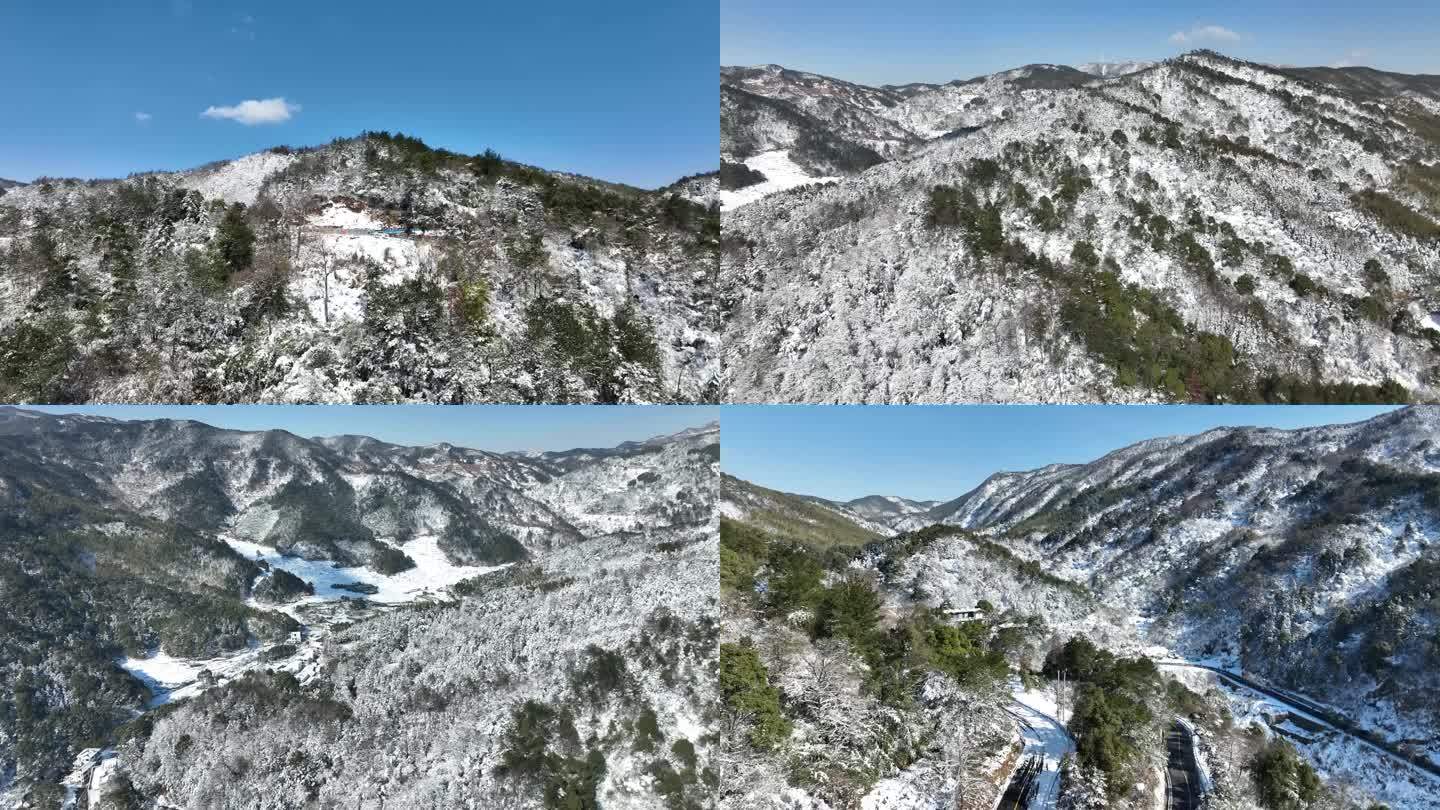 南昌湾里梅岭森林公园山上初下雪晴天航拍