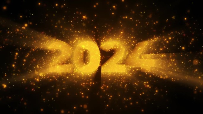 2024新年祝福循环动画。2024金色灯光数字与金色飘落的彩纸装饰和辉光效果，节日设计背景的金属丝纹