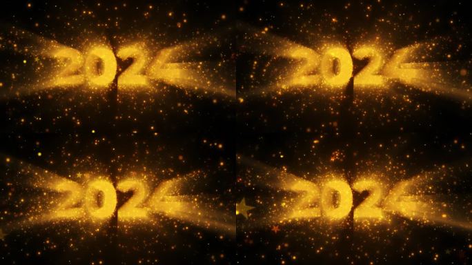 2024新年祝福循环动画。2024金色灯光数字与金色飘落的彩纸装饰和辉光效果，节日设计背景的金属丝纹
