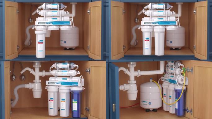 厨房水槽下的反渗透净水系统。水清洗系统安装。的过程。三维视频动画