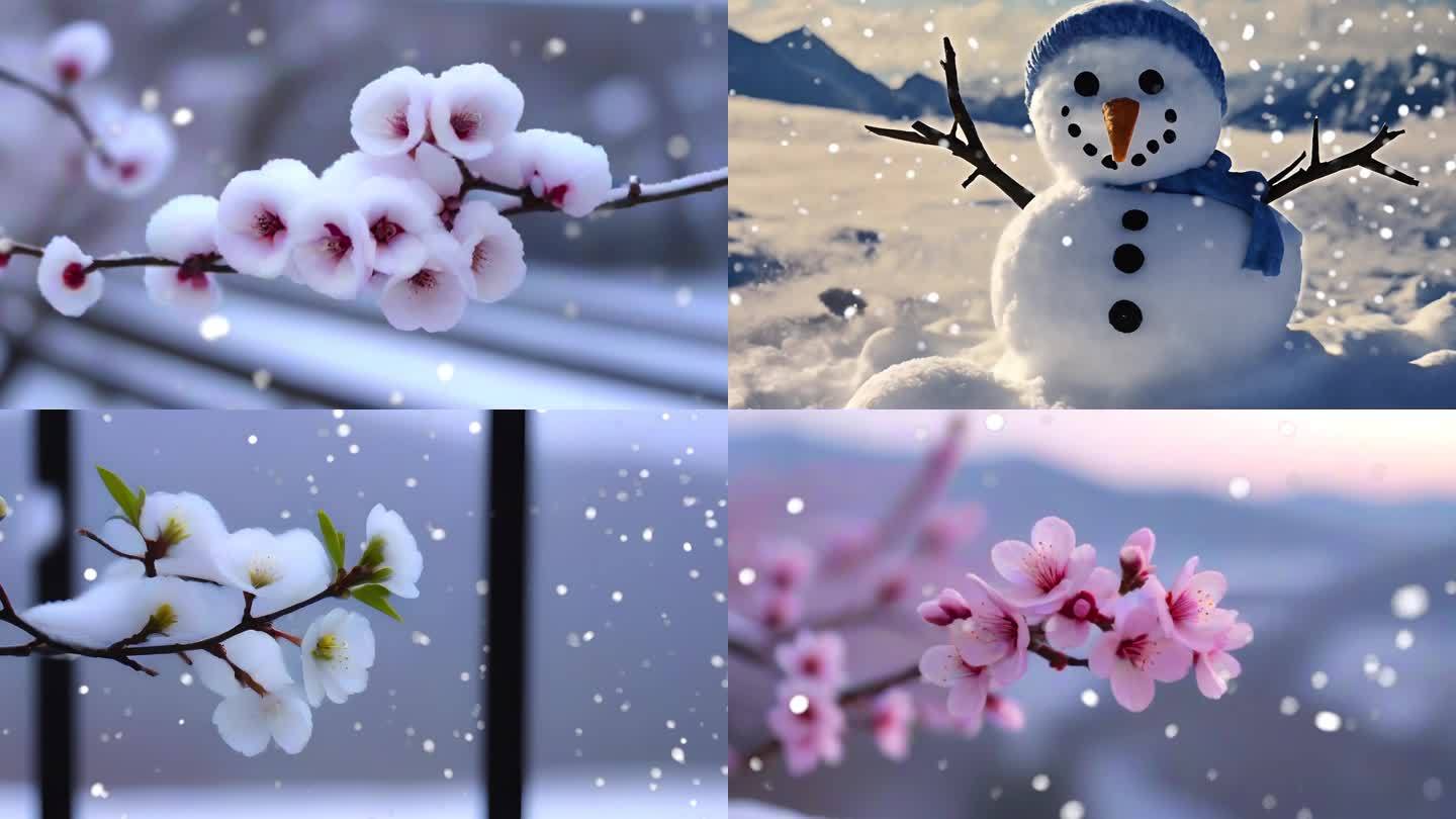 雪景 下雪 暴雪 空镜 雪中梅花盛开桃花