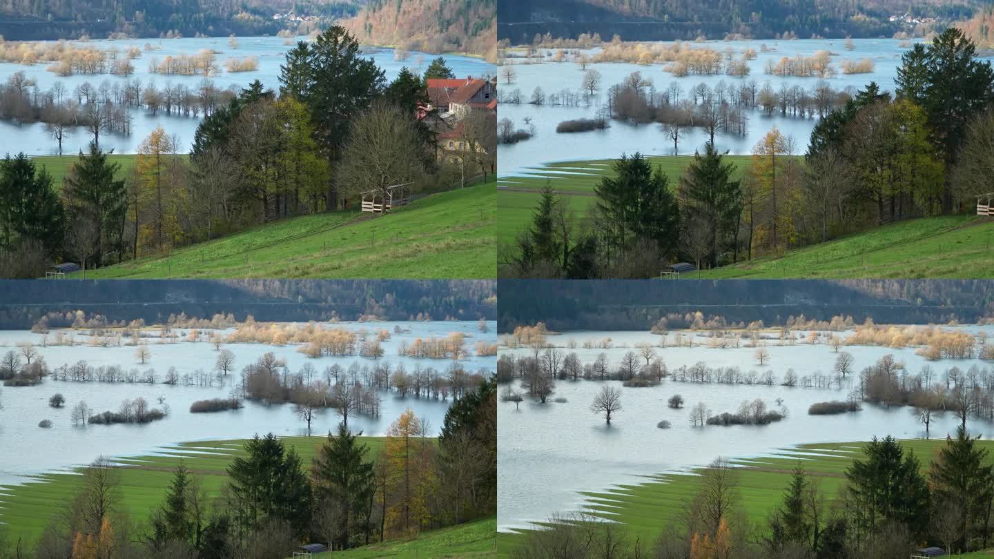 斯洛文尼亚，被洪水淹没的平原和附近村庄的全景。