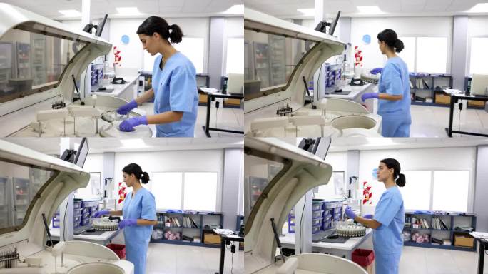 从离心机中取出试管后，女性实验室技术员正在分析血液样本，并扫描试管上的患者信息