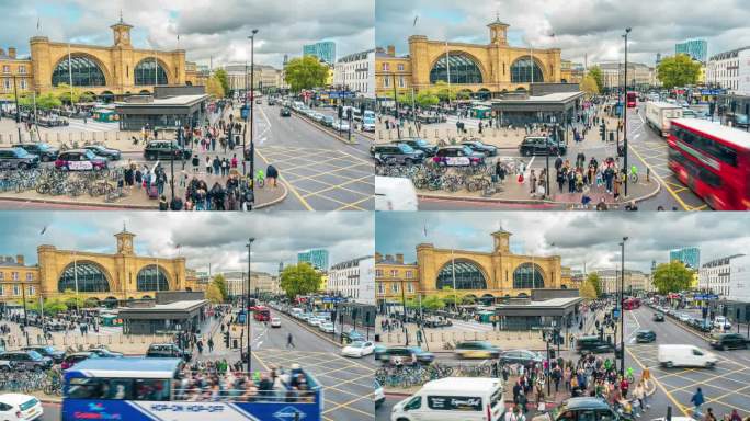 在英国伦敦市中心的伦敦国王十字火车站，拥挤的交通和通勤游客步行和过马路的延时俯视图