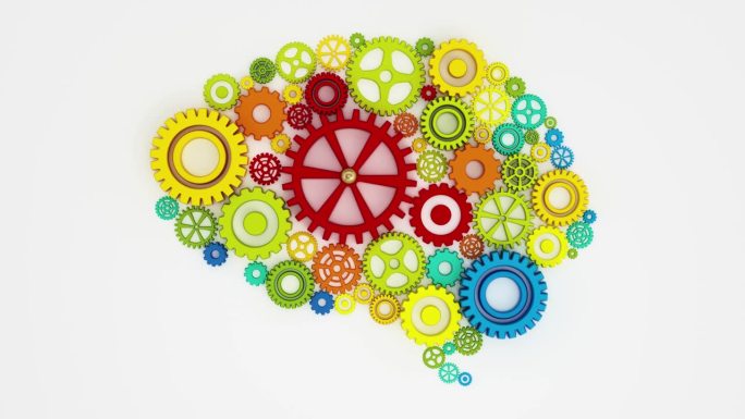 旋转的彩色齿轮形成大脑形状的3D动画