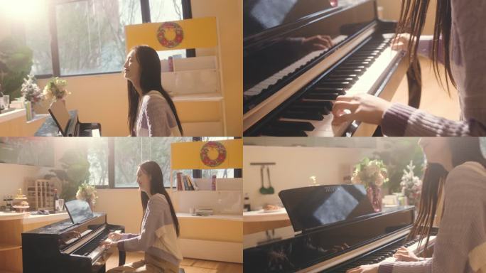 女孩在家里客厅弹钢琴