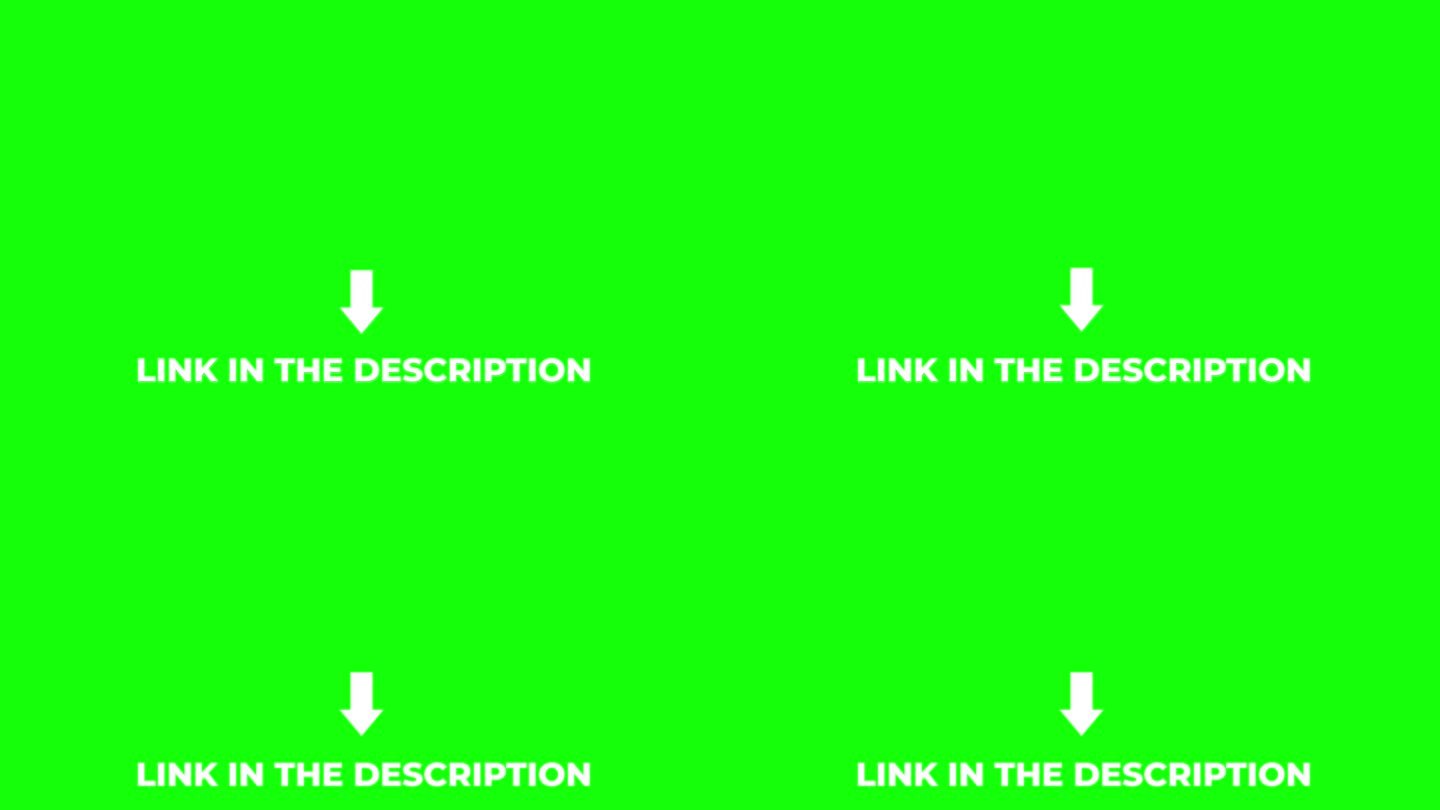 箭头向下垂直方向指针。文字:链接在描述。4K视频循环动画。隔离在色度键背景