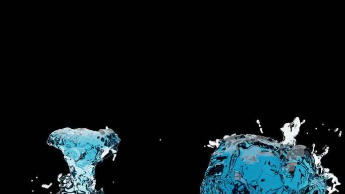 蓝色的水滴在黑色的背景上溅起水花。慢动作3D动画