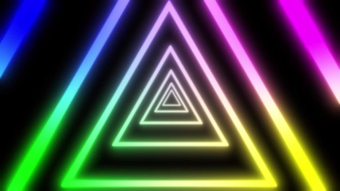 抽象背景与彩色霓虹灯三角形动画在一个黑色的背景。