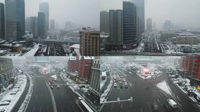 4K航拍长沙雨花区芙蓉路城区雪景2