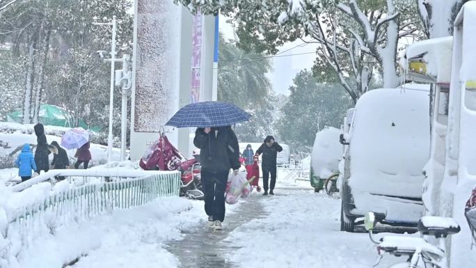 冒着大雪，寒风中行走的人们