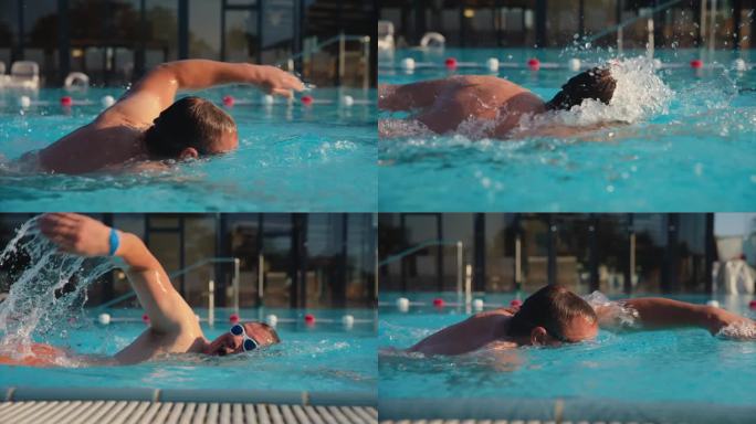 时间扭曲的效果熟练的男子游泳运动员在游泳池练习自由泳在健康俱乐部