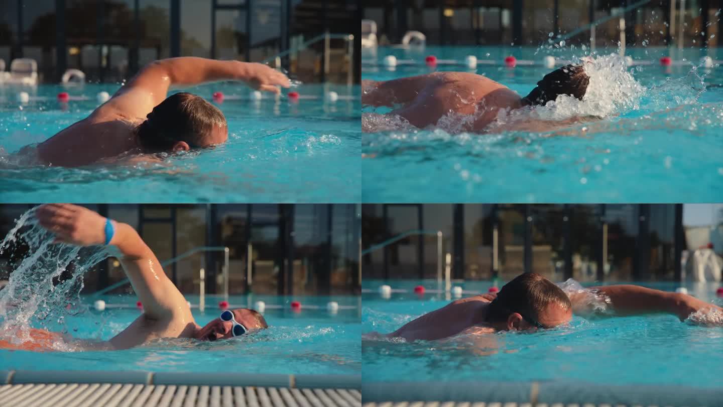 时间扭曲的效果熟练的男子游泳运动员在游泳池练习自由泳在健康俱乐部