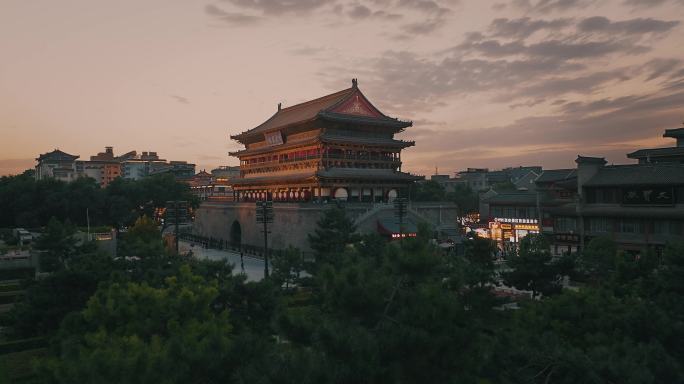 西安鼓楼回民街唯美日落夕阳航拍