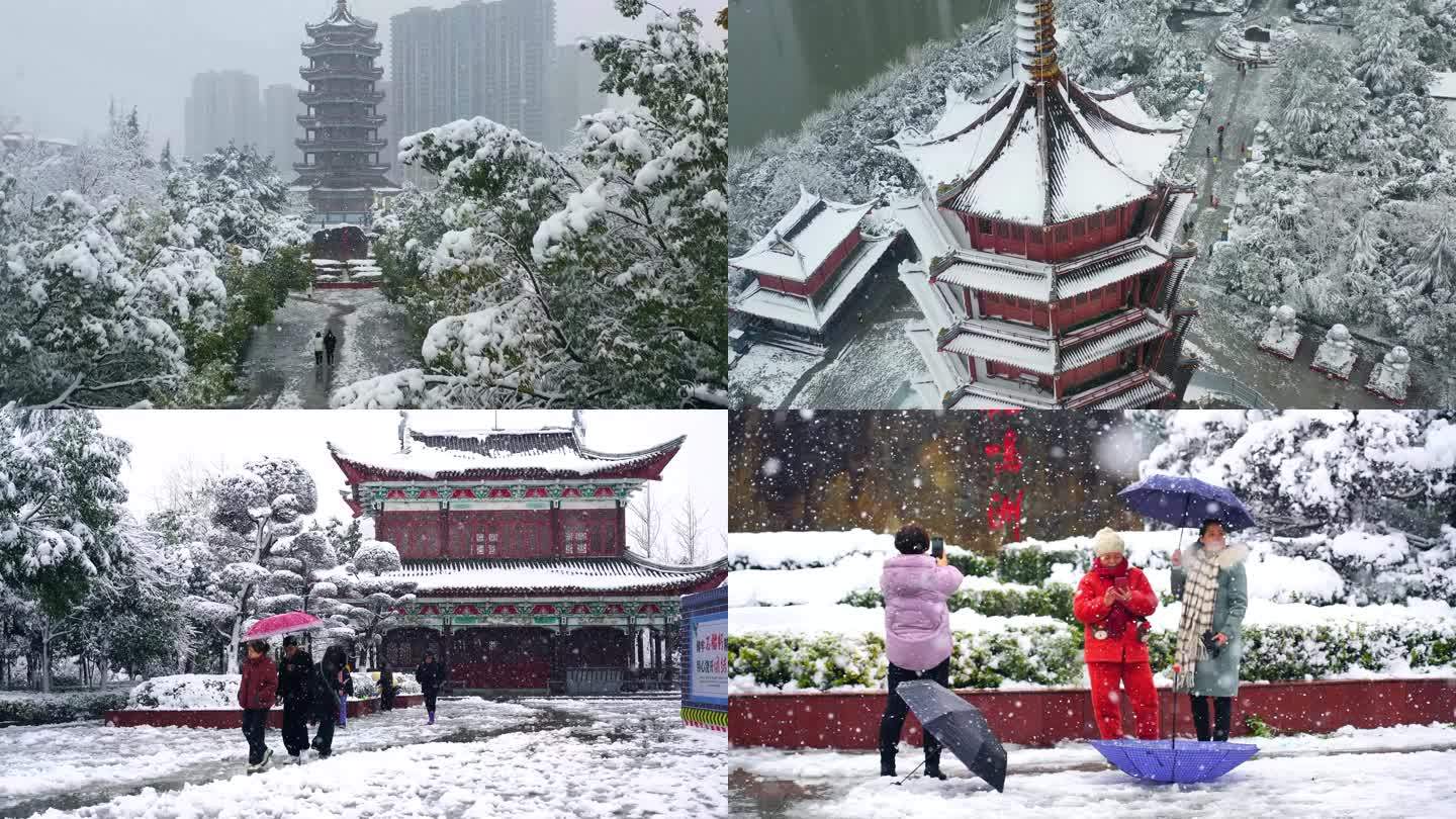 湖南怀化大雪市民在鹤鸣洲赏雪玩雪景象