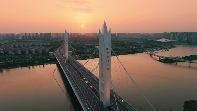 4k航拍西安元朔大桥夕阳夜景风光