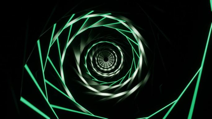 循环3d动画，VFX绿色隧道与多边形帧，科幻。抽象循环背景。技术，VJ概念。Led灯。明亮的未来隧道