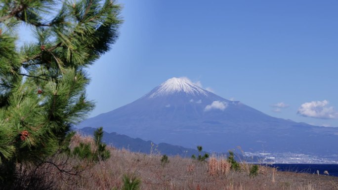 从海边看，湛蓝的天空和富士山