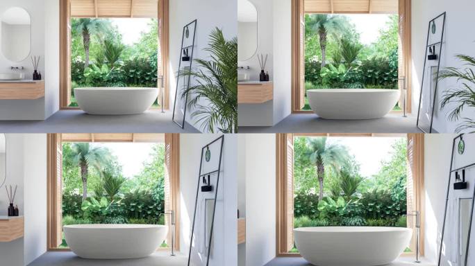 动画的现代阁楼风格的浴室与热带花园的看法3d渲染