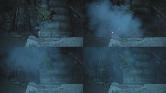 鞭炮在夜间奇怪的地点爆炸的镜头，鞭炮爆炸的高清镜头。