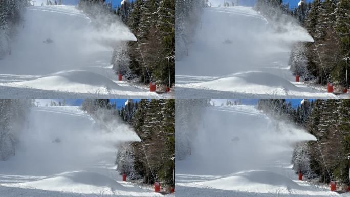 雪机在滑雪道上喷洒人造雪