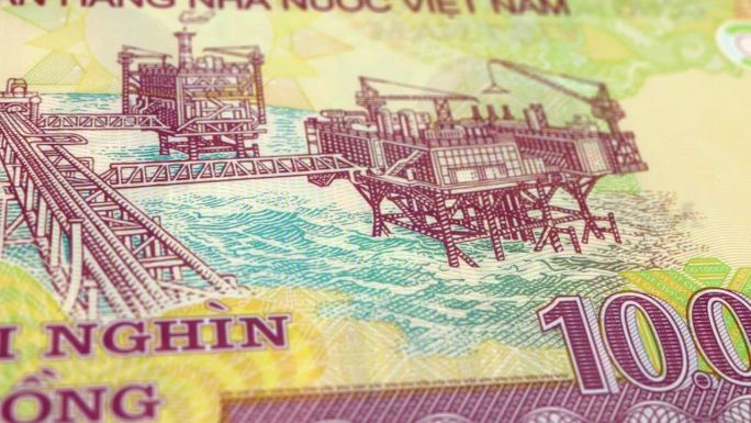 越南越南盾10000张钞票，10000越南盾，越南盾的特写和宏观视图，跟踪和多莉拍摄10000越南盾