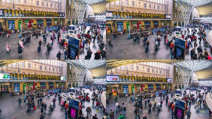 英国伦敦市中心国王十字车站拥挤通勤人群的时间流逝