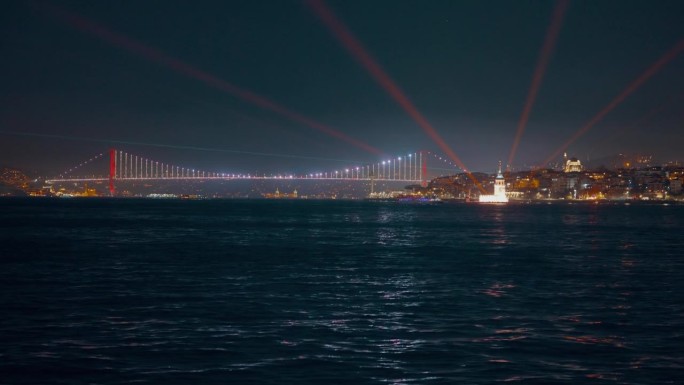 夜晚，土耳其伊斯坦布尔，晴朗的天空下，博斯普鲁斯大桥和马尔马拉海的城市景观被照亮