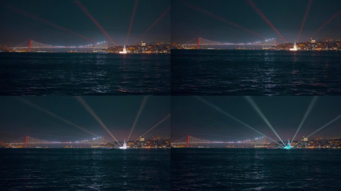 夜晚，土耳其伊斯坦布尔，晴朗的天空下，博斯普鲁斯大桥和马尔马拉海的城市景观被照亮