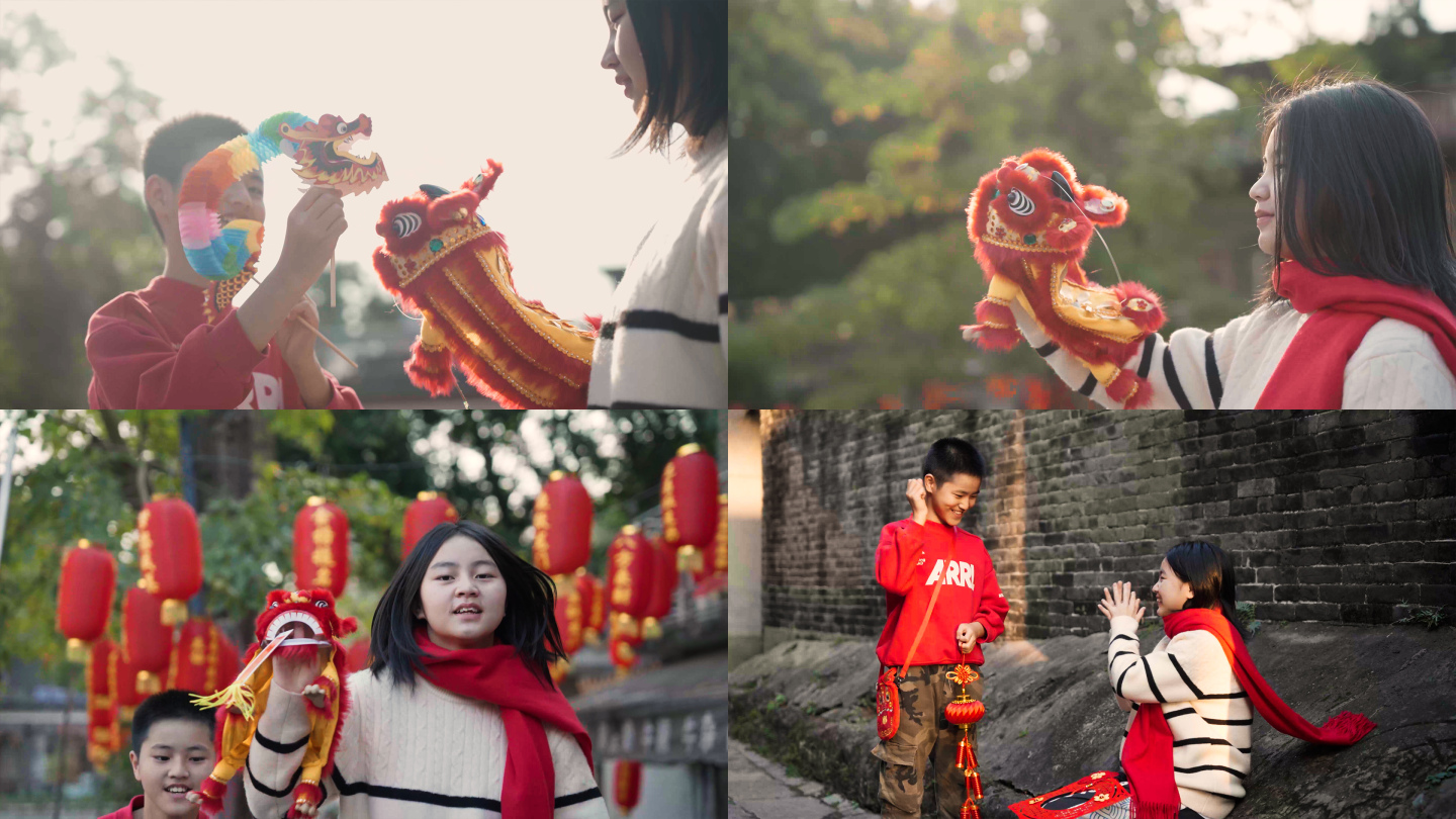 龙年新年春节小孩大街小巷奔跑