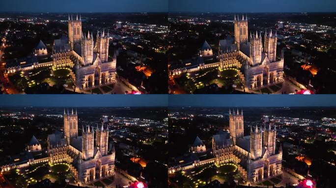 黄昏时，无人机拍摄的英国地标林肯大教堂的视频，以其明亮雄伟的哥特式建筑为特色。