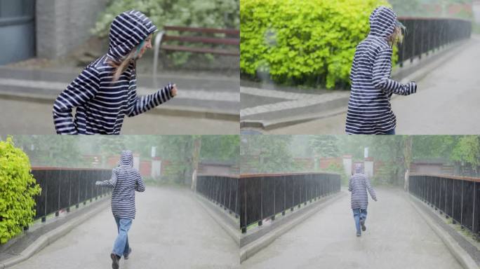 十几岁的女孩在雨中奔跑
