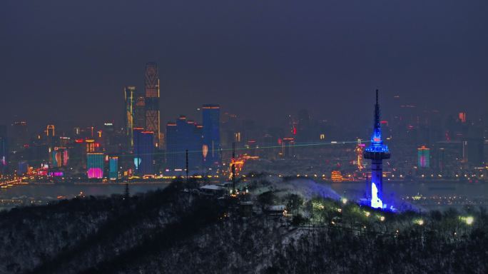 4k长沙岳麓山雪后夜景航拍