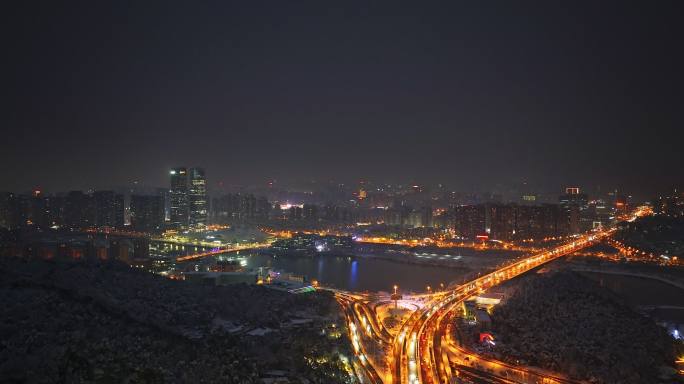 4k长沙梅溪湖大雪后夜景航拍