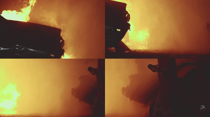 一辆车发生了火灾消防队员爆炸起火救火灭火