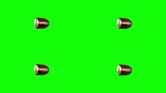 在绿幕背景中，子弹高速旋转，子弹从枪响中射出，快速转向目标