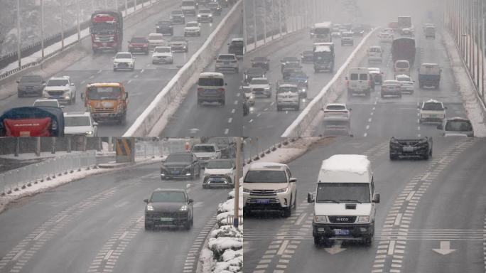 暴雪天城市环线车流升空镜