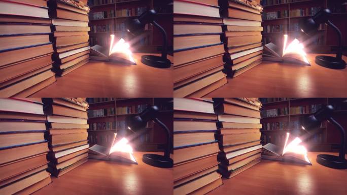 图书馆台灯下的书桌上放着书，风翻页，背景是书、书架和地球仪