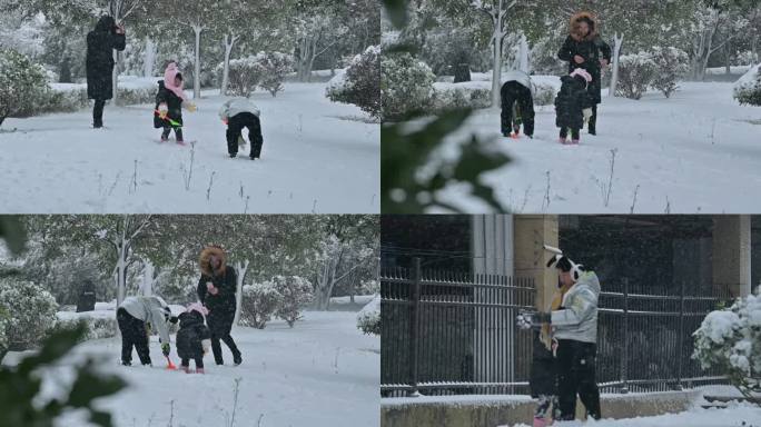 欢乐儿童雪地里玩雪，打雪仗，拍照