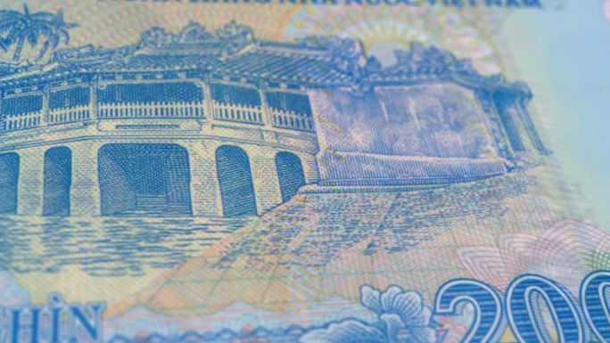 越南越南盾20000钞票，20000越南盾，越南盾的特写和宏观视图，跟踪和多莉拍摄20000越南盾钞