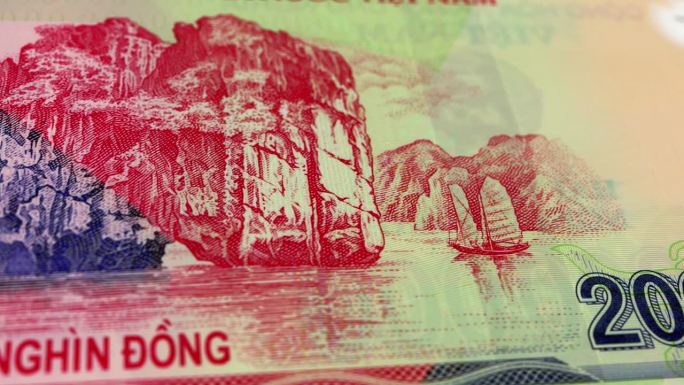 越南20万越南盾纸币，20万越南盾，越南盾特写和宏观视角，跟踪和多利拍摄20万越南盾纸币观察和储备侧