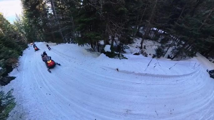 一群雪地摩托在冬天的森林里行驶。