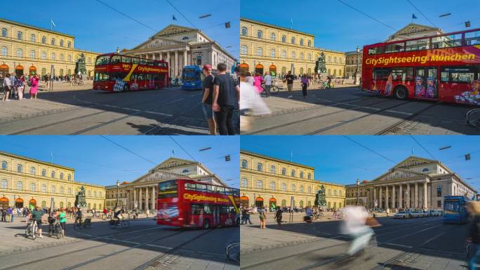 夏天，德国慕尼黑市中心的大型广场——马克斯-约瑟夫广场和慕尼黑国家大剧院，人山人海的游客步行和十字路