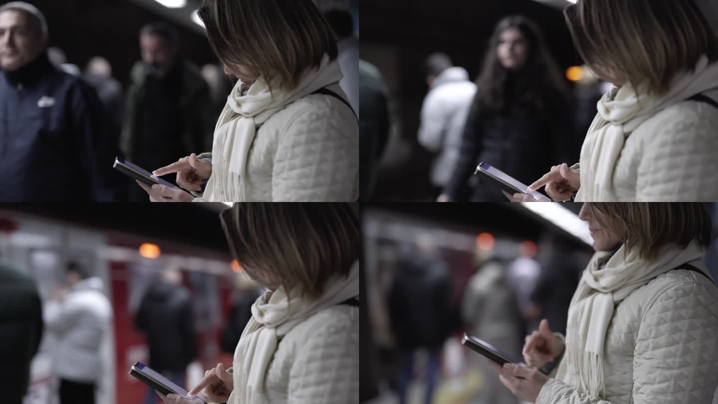 土耳其伊斯坦布尔，一名女子在地铁站使用智能手机的手持照片
