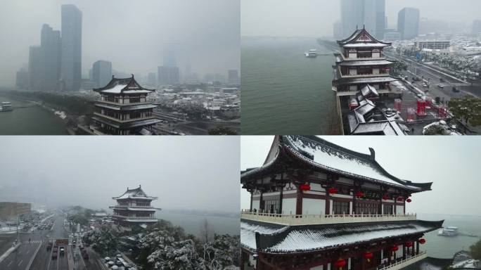 4K航拍长沙雪景杜甫江阁雪景合集6