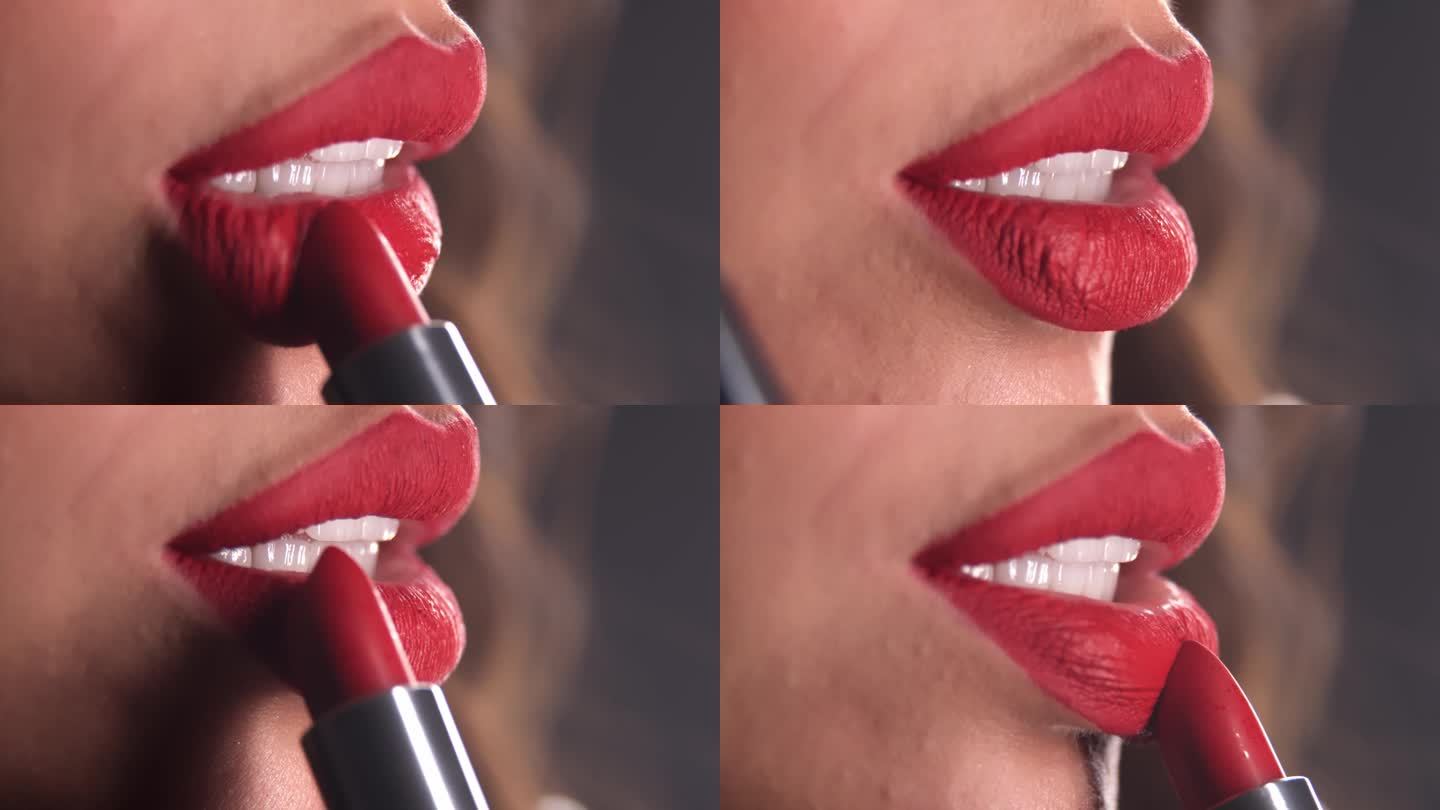 在嘴唇上涂红色口红的特写。女性的美。装饰性的化妆品和美丽的嘴唇。一个性感丰满的红色女性的嘴唇在涂口红